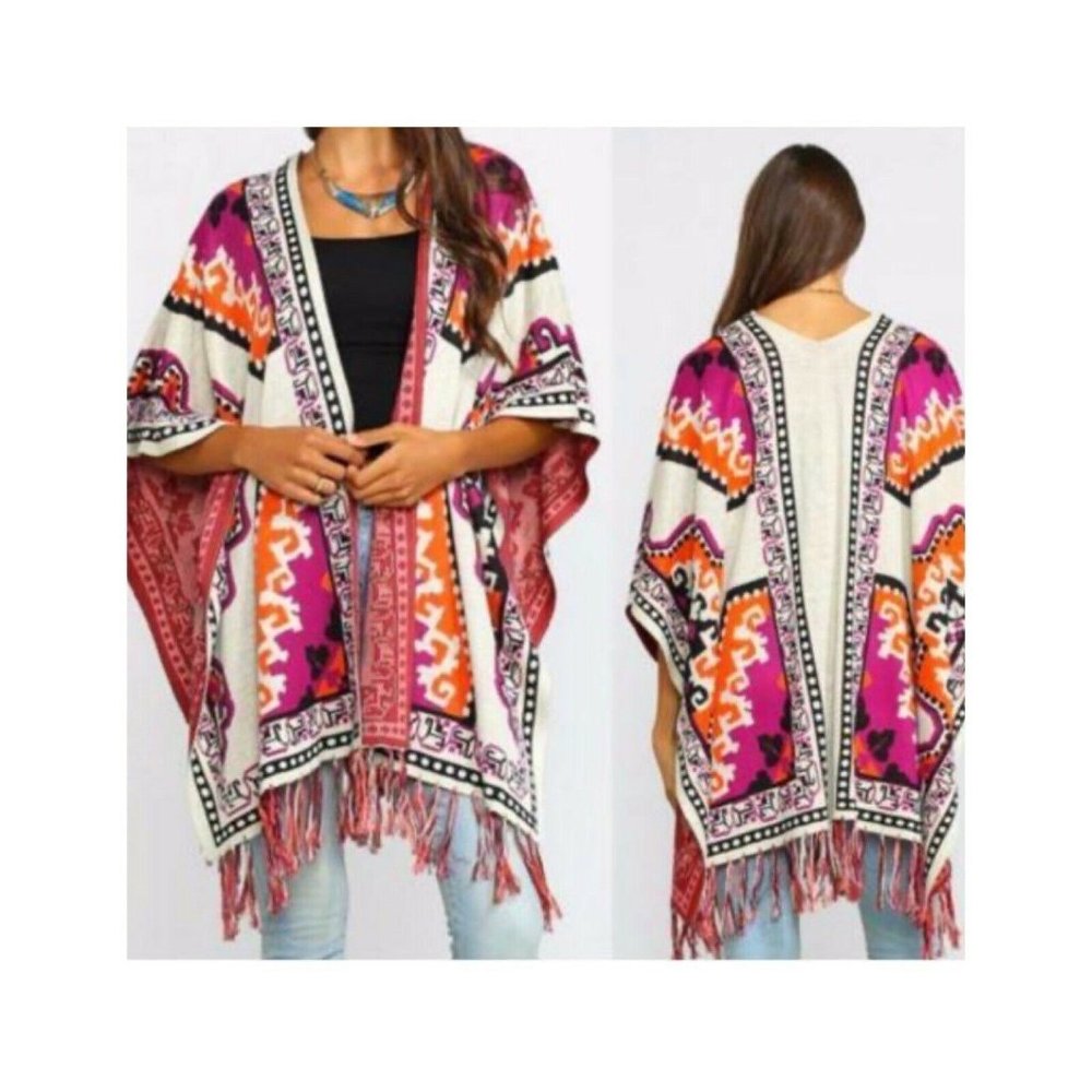 Flying Tomato Women's Small/Medium Long Cardigan Poncho Aztec Fringe Design